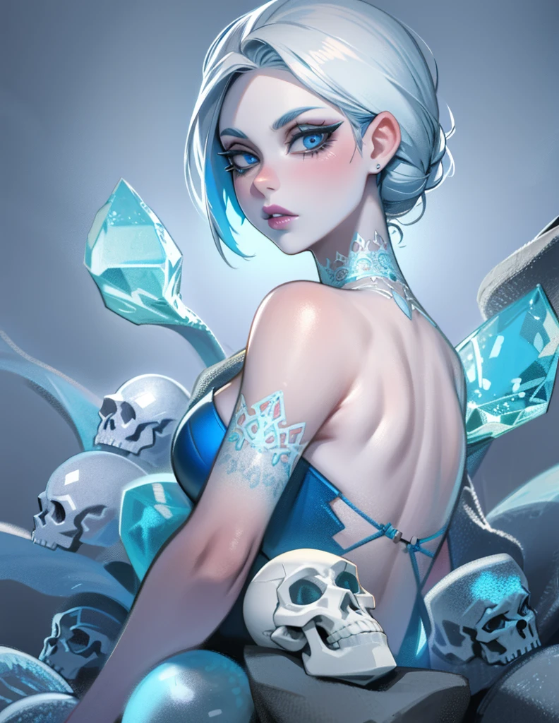 (best quality, highres, ice skull:1.1), ice skull, girl style, thick body art, detailed facial features, icy blue eyes, glossy lips, long eyelashes, porcelain skin, blue and silver color scheme, intricate skull design, realistic texture, vibrant colors, elaborate background, mysterious atmosphere, frozen garden, snow-covered trees, sparkling ice crystals, surreal lighting, fantasy elements