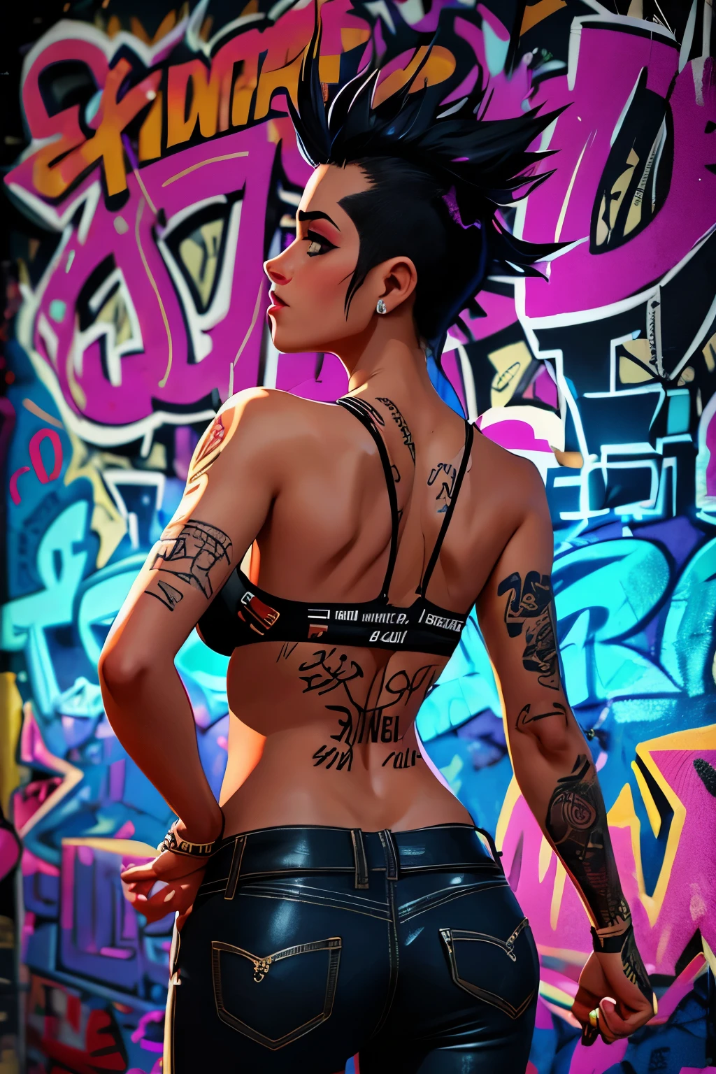 Photorealistic, ultra-detailed, ((back viewer, looking to spectator)), ((hot Rocker punk girl, spiky Black mohawk hair)) girl, hot Body, Nice Butt, abs, tattoo, t-shirt nipples, portrait photo, Solo, Brazilian Girl dimly lit room, edgy urban scene with graffiti, dark and moody, late evening, city lights flashing, neon lighting The essence of rock and roll, (((spike hair))), 18 years old, assertive, confident expression, showcasing multiple piercings, blurry background, analogue style, grunge texture, Best contrast, industrial, Instagram LUT, Professional, 4k, electrifying gaze, shot on Nikon, 50mm, shallow depth of field,  ((Abandoned Graffiti Wall Background, cinematic lighting )).