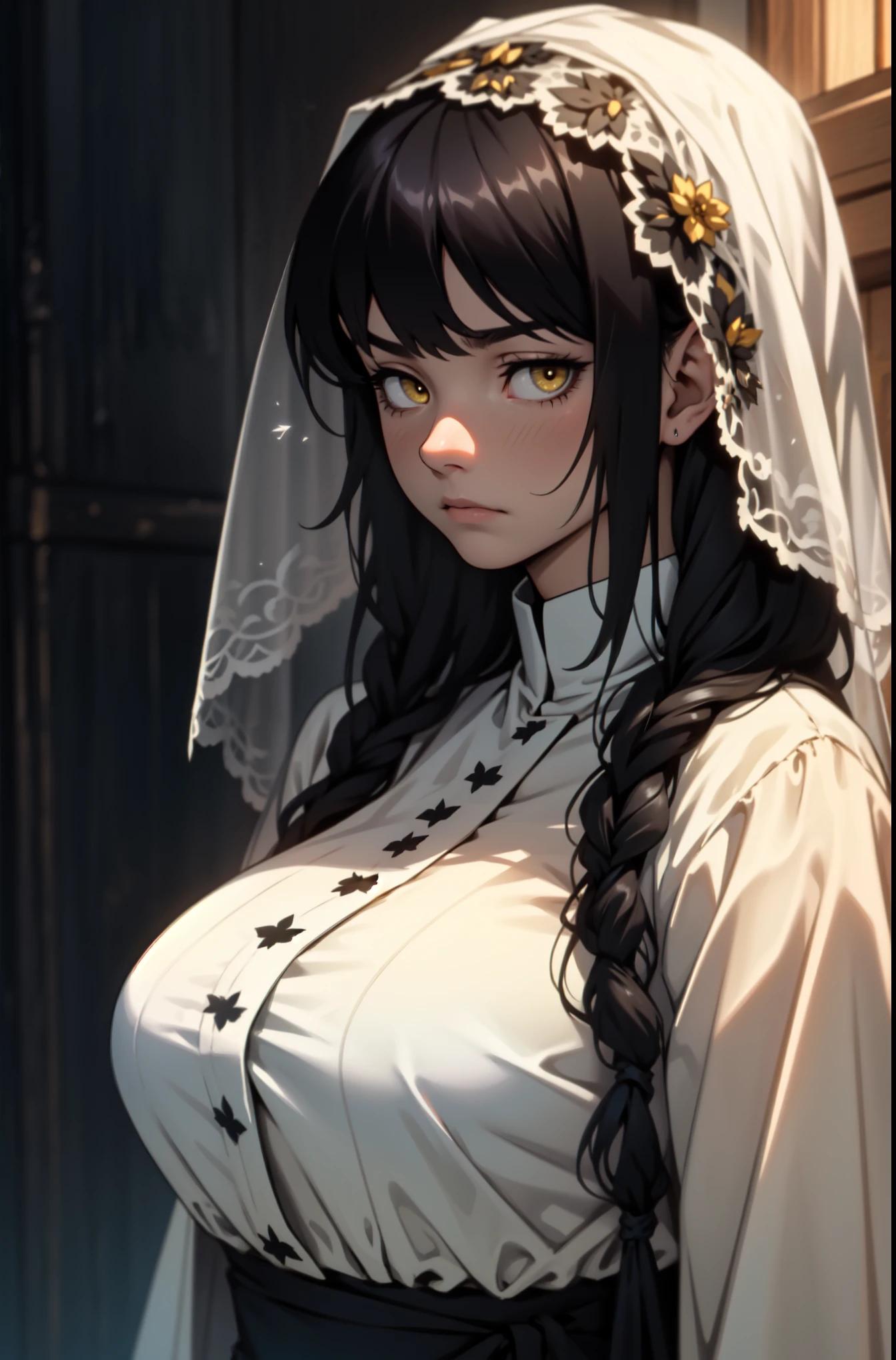 expressionless sad sad sad girl dark atmosphere veil black hair yellow eyes pale skin muscular girl huge breasts traditional clothes lace fabric gloomy veil