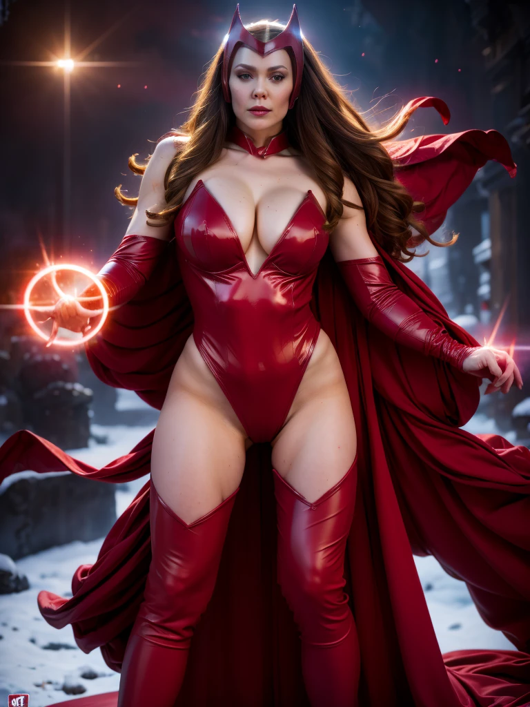 Gorgeous Scarlet Witch from the MCU, sexy masterpiece, slutty, cleavage, oily skin, best quality, highest quality, high definition, highly detailed, 8K, athletic and fit body, naughty, perfect hands, detailed hands, perfect eyes, detailed eyes, flirty, sexy, realistic, HDR, UHD, dynamic, energy in a cirle around both hands