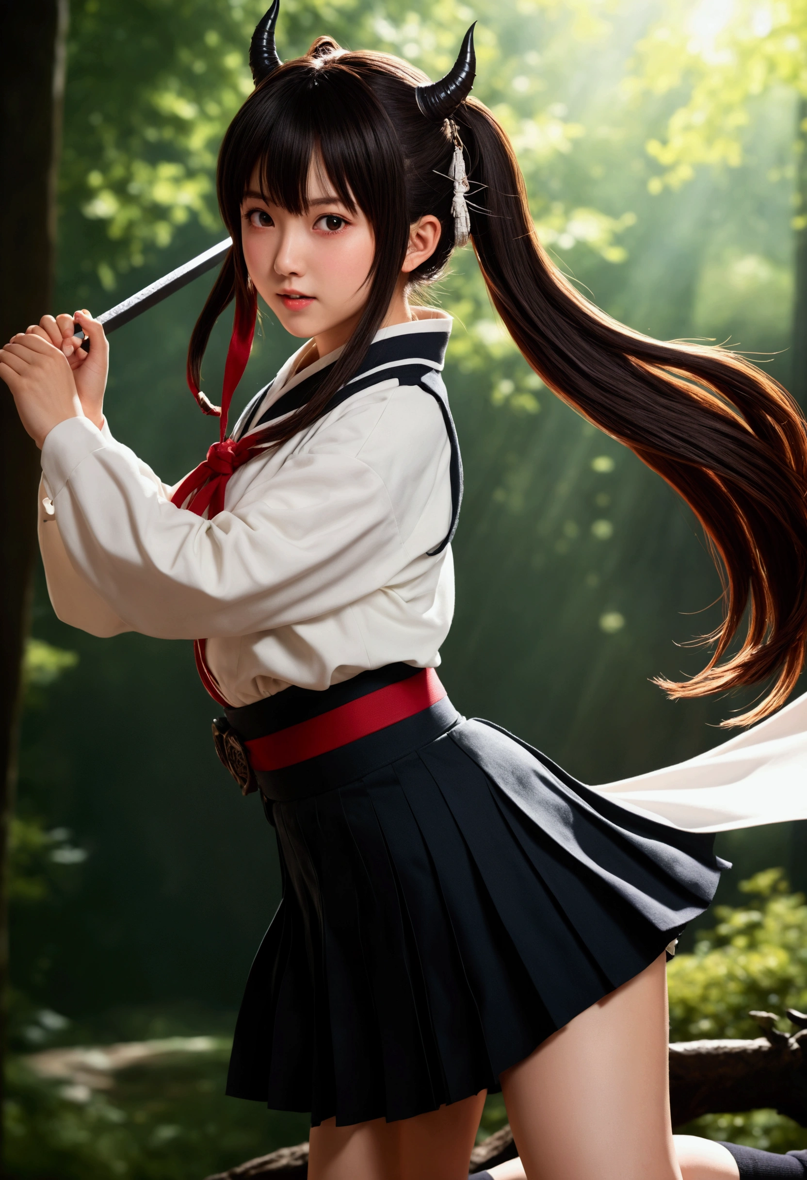 (RAW Photos, Highest quality), (Realistic, Photorealistic Truth: 1.3), Highest quality, Very detailed, masterpiece, Very detailedな, shape, One Girl, Kanao Tsuyuri, ((Buns pats,Side Ponytail)),(( Demon Slayer uniform:1.4)), Butterfly Hair Ornament,( white belt), ( White Cape),, (Black jacket), (Pleated skirt), belt, (Black Skirt), knees, buckle, belt buckle, upper_body, Dynamic Angle, World Mastery Theatre, Long hair flutters, Fluorescent Center, Highest quality, 8K wallpaper incorporating highly detailed CG, ink, wonderful, Cinema Lighting, lens_Flare, wuxia_style,(((Straight bangs:1.4))),(Blunt bangs:1.4), Natural Makeup,Ready for battle, great tit,Various poses,Broad perspective,