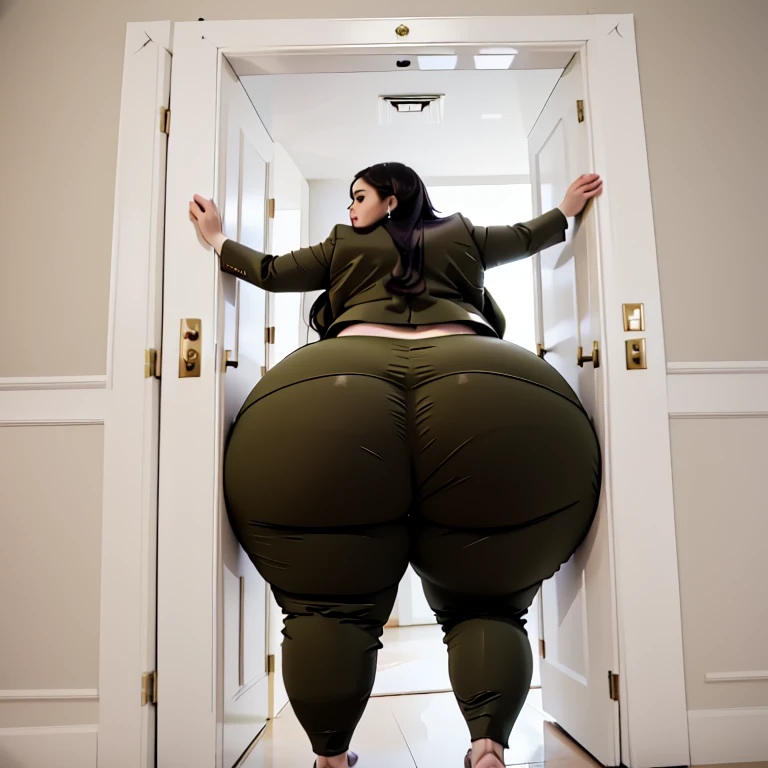 masterpiece, 1girl behind a doorway, from behind, (doorstuck, stuckback:1.3), ssbbw ,huge wide hips, round belly, thick thighs, giant butt,colorful clothing, wearing a olive green suit and tie and formal pants, upset, desperately trying to wiggle through, she tries to free herself but she won't budge, she is stuck tight view from behind, she is too wide, the doorway is quite narrow too, she kicks her legs furiously, trying to wiggle her hips through the small door, but its no good, the door is too small, she keeps trying to squeeze through with frustration, she is stuck too tight