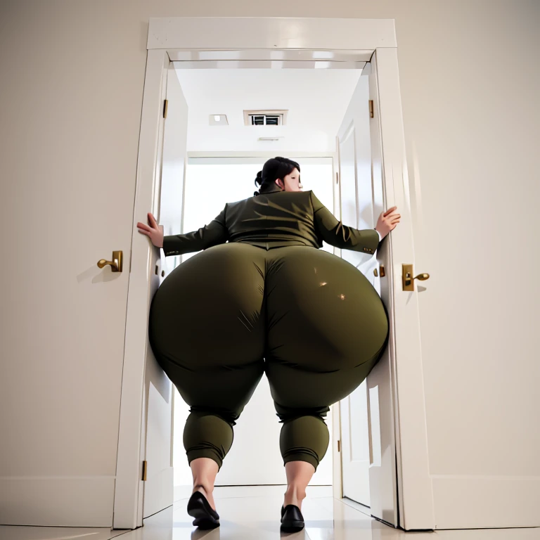 masterpiece, 1girl behind a doorway, from behind, (doorstuck, stuckback:1.3), ssbbw ,huge wide hips, round belly, thick thighs, giant butt,colorful clothing, wearing a olive green suit and tie and formal pants, upset, desperately trying to wiggle through, she tries to free herself but she won't budge, she is stuck tight view from behind, she is too wide, the doorway is quite narrow too, she kicks her legs furiously, trying to wiggle her hips through the small door, but its no good, the door is too small, she keeps trying to squeeze through with frustration, she is stuck too tight