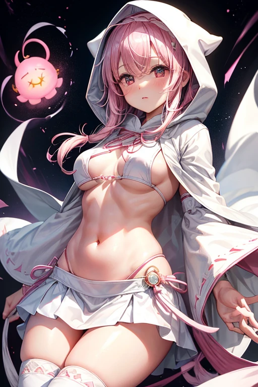 girl、Magia Records、(((Iroha Ring)))、(((hooded cloak)))、White turban、(((White hood with pink trim)))、White cloak、(((ピンク縁どりWhite cloak)))、(((White Super Mini Skirt)))、Black Stockings、Knee-high boots、Pink Hair、Bangs、One braid、((Belly button))、See-through black belly warmer、crossbow、Gloves、No decoration、Simple design、X-shaped white bra