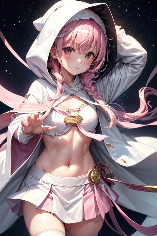 girl、Magia Records、(((Iroha Ring)))、(((hooded cloak)))、White turban、(((White hood with pink trim)))、White cloak、(((ピンク縁どりWhite cloak)))、(((White Super Mini Skirt)))、Black Stockings、Knee-high boots、Pink Hair、Bangs、One braid、((Belly button))、See-through black belly warmer、crossbow、Gloves、No decoration、Simple design、X-shaped white bra