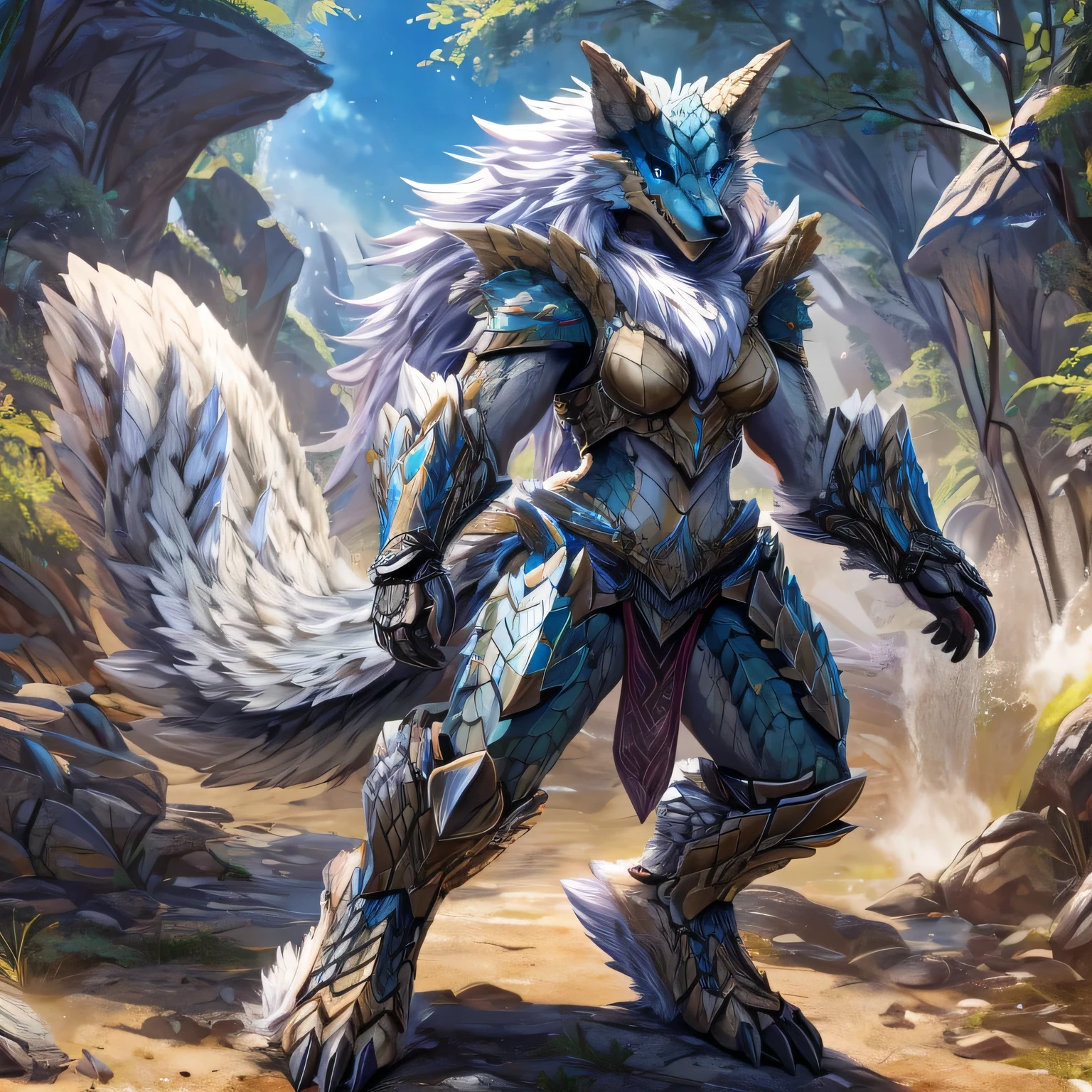 a drawing of a female anthromorphic zinogre with a tail and a blue eye, ((Wearing Armor)), ((full body zinogre concept)), ((Full body Picture)) female anime character wearing armor, wolf armor, dragon ancient full plate armor, as a badass monster hunter, wearing intricate fur armor, high detailed official artwork, lizardman art, wolf armor, monster hunter monster, wolf in shiny armor, wearing intricate fur armor, empty hands