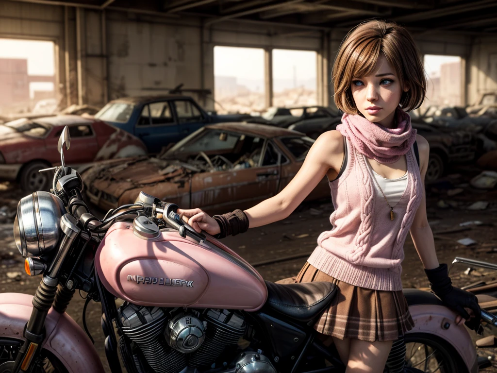 masterpiece, highest quality, (solo focus), (perfect face:1.1), (high detail:1.1), 1girl, brown hair, blue eyes, ((Neapolitan colored outfit)), (pink, cream, and brown clothes), large scarf, sleeveless knit sweater, short skirt, ((pink deerstalker)), ((rifle)), detailed background, wasteland, leaning on motorcycle, abandoned factory, scrapheap, (((ashes))), cinematic lighting,
