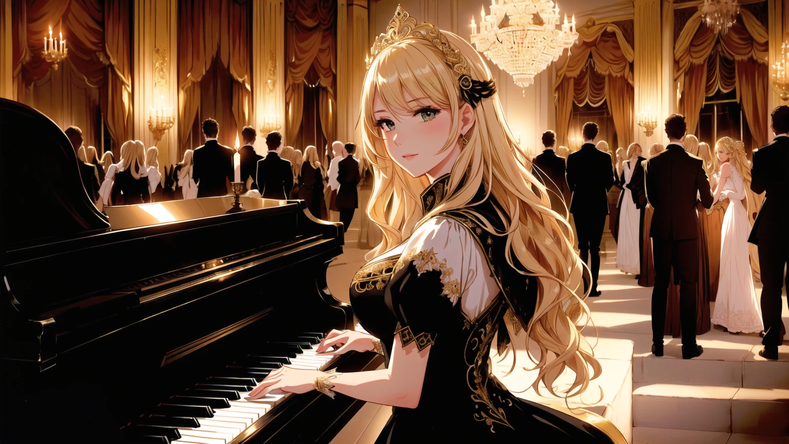 Create an image of a young blonde woman playing the piano at an old-fashioned masquerade ball. The scene should capture the elegance and mystery of the event. The woman has long, wavy blonde hair and is wearing a light-colored, perhaps white or pastel, period dress with lace and embroidery details. She is focused on playing a grand black piano with a glossy finish and ornate details, with some sheet music open on it. The ballroom is grand with high ceilings, crystal chandeliers, and luxurious decorations. All guests are wearing elaborate Venetian-style masks with feathers, gemstones, and intricate designs. The ball has an air of 18th or 19th-century opulence, with period attire including long gowns, waistcoats, tailcoats, and period accessories. The lighting is soft, with candlelight and chandeliers creating a romantic and mysterious atmosphere. The dance floor features couples dancing elegantly, with tables of fine food and drinks arranged around the hall. In the background, there are decorative columns and arches, with rich and subtle tones evoking a luxurious and mysterious ambiance.