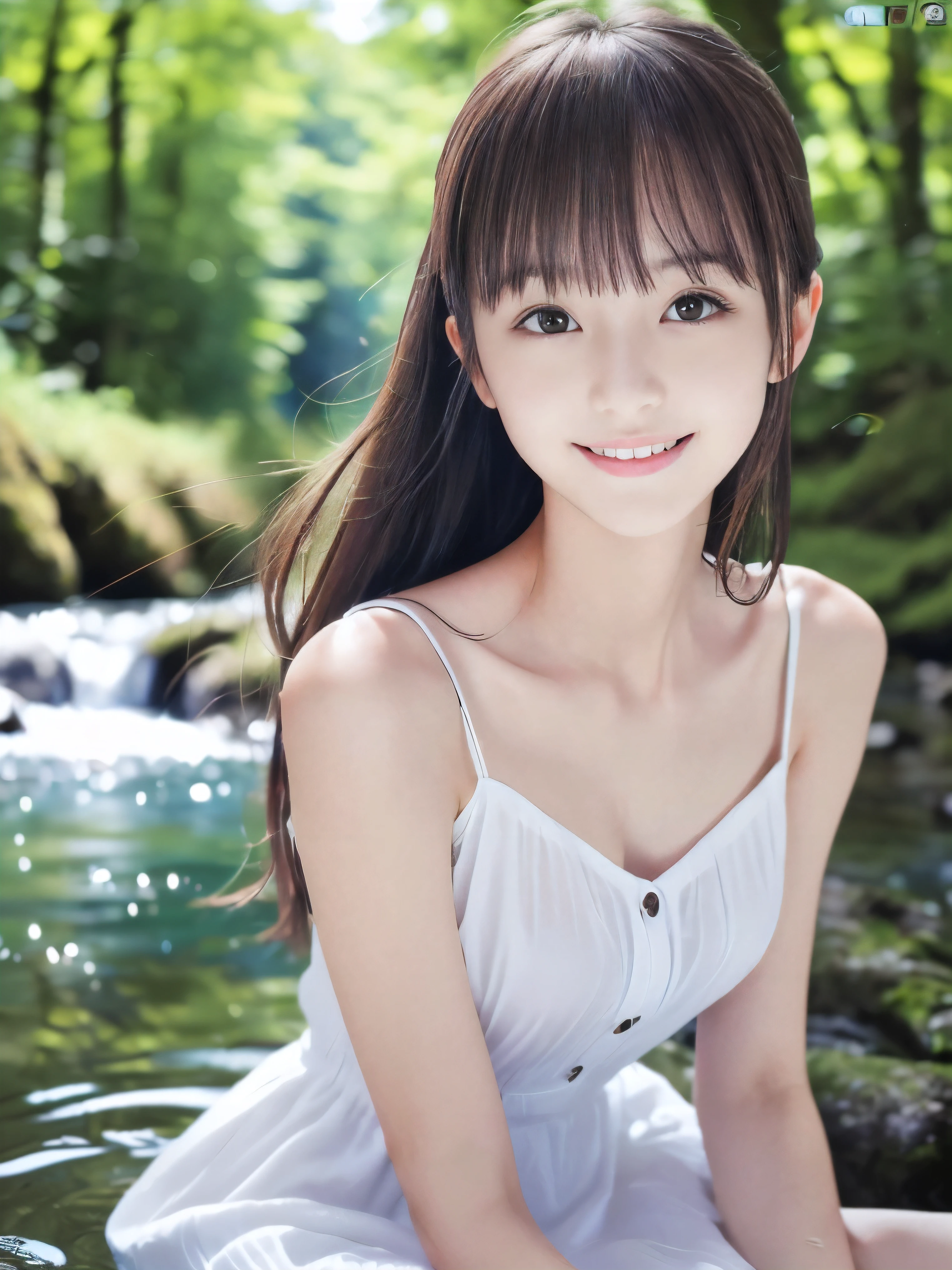 (Close up portrait of slender small-breasted half up brown long hair with bangs girl wearing a white summer dress:1.5)、(One girl is playing with small smile in the clear stream and water fall at the forest in Japan:1.5)、(Summer beautiful blue sky and forest:1.5)、(blurred background:1.5)、(8k ultra detailed master piece:1.5)、(perfect anatomy:1.5)、(Photorealistic stick:1.5)、(Raw photo:1.3)、(highest quality:1.5)、(High resolution:1.3)、(Delicate and beautiful perfect face:1.3)、(Delicate and beautiful eye air skin:1.3)、(Real Human Skin:1.3)、((thin legs))