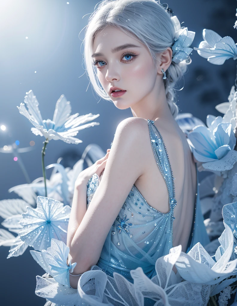 (best quality, highres, ice skull:1.1), ice skull, girl style, thick body art, detailed facial features, icy blue eyes, glossy lips, long eyelashes, porcelain skin, blue and silver color scheme, intricate skull design, realistic texture, vibrant colors, elaborate background, mysterious atmosphere, frozen garden, snow-covered trees, sparkling ice crystals, surreal lighting, fantasy elements
