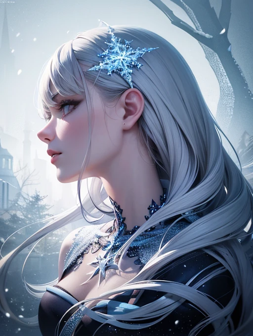 best quality, highres, ice skull:1.1), ice skull, girl style, thick body art, detailed facial features, icy blue eyes, glossy lips, long eyelashes, porcelain skin, blue and silver color scheme, intricate skull design, realistic texture, vibrant colors, elaborate background, mysterious atmosphere, frozen garden, snow-covered trees, sparkling ice crystals, surreal lighting, fantasy element