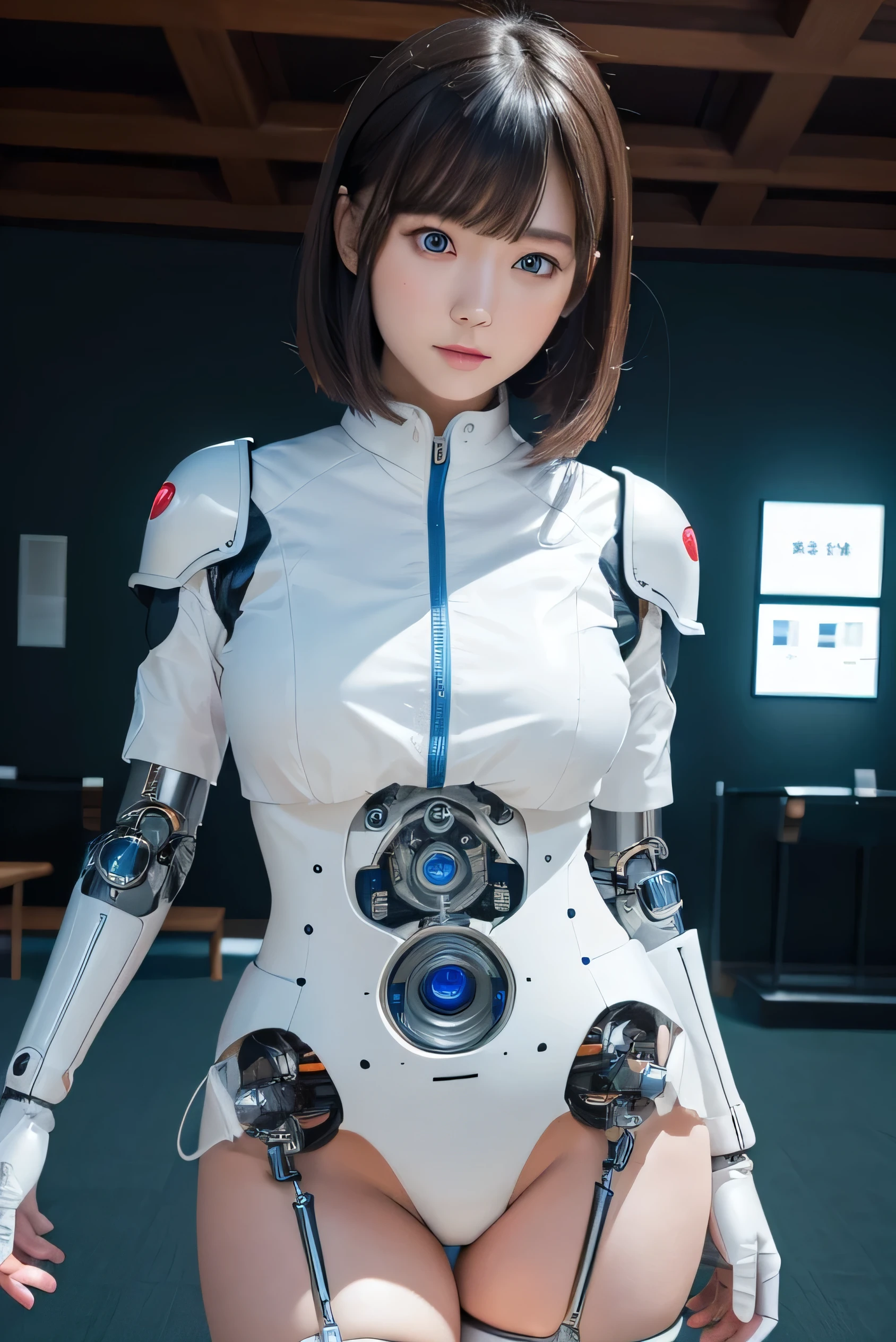 masterpiece, Best Quality, Extremely detailed, 8K portrait,Japaese android girl,Plump , control panels,Robot arms and legs, Blunt bangs,Charging spot,She has charged energy,She is exhibits,museum hall,blue eyes