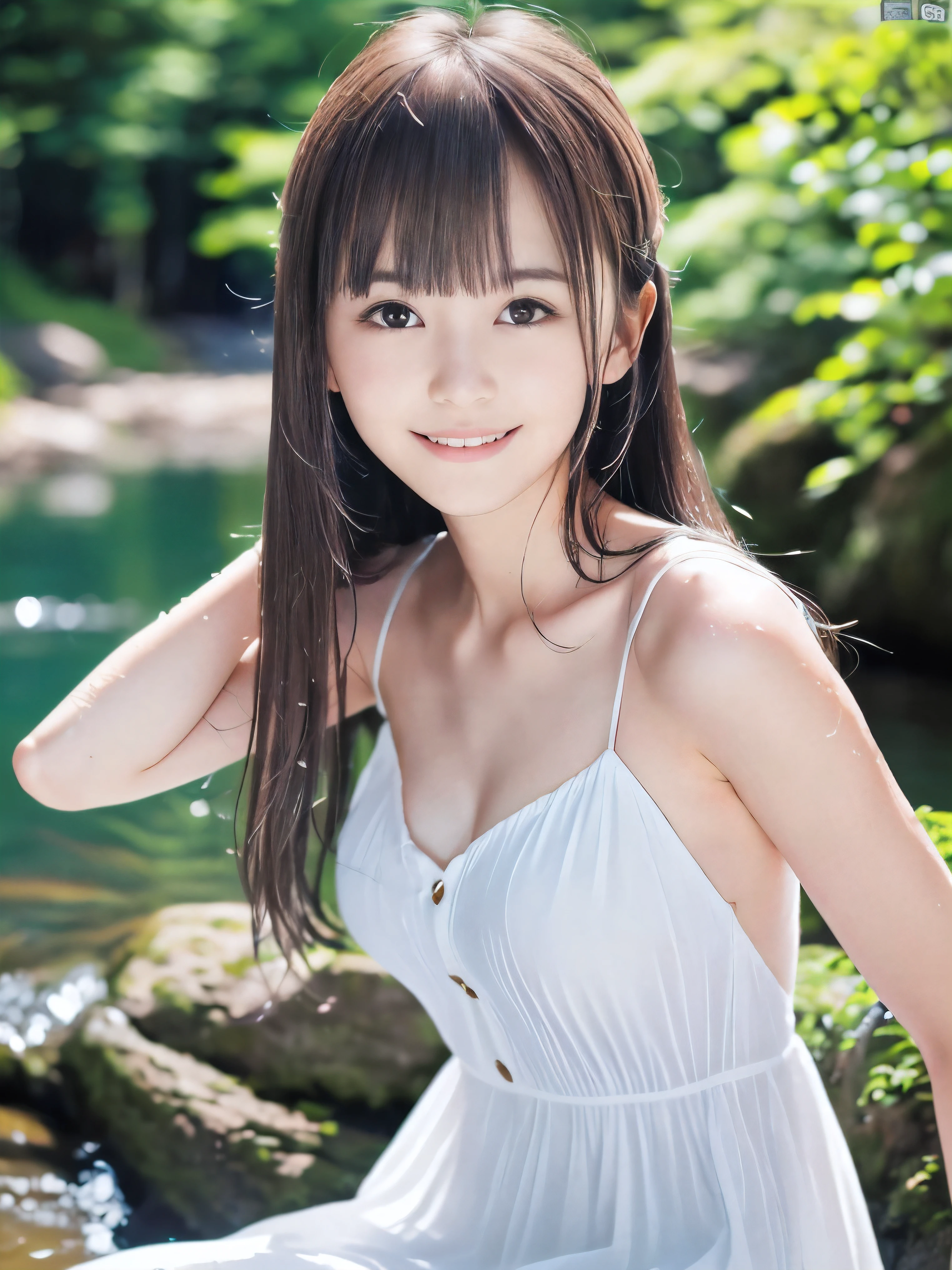 (Close up portrait of slender small-breasted half up brown long hair with bangs girl wearing a white summer dress:1.5)、(One girl is playing with small smile in the clear stream and water fall at the forest in Japan:1.5)、(Summer beautiful blue sky and forest:1.5)、(blurred background:1.5)、(8k ultra detailed master piece:1.5)、(perfect anatomy:1.5)、(Photorealistic stick:1.5)、(Raw photo:1.3)、(highest quality:1.5)、(High resolution:1.3)、(Delicate and beautiful perfect face:1.3)、(Delicate and beautiful eye air skin:1.3)、(Real Human Skin:1.3)、((thin legs))