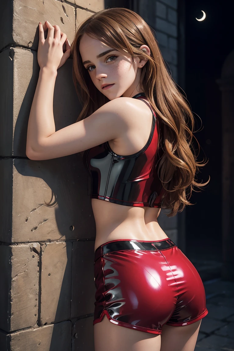 Highly detailed. a sexy beautiful Emma Watson. long hair. freckles, gentle smile. red tight intricate sparkly latex shorts, crop top. leaning on wall. background moon. full shot. from the back, looking back.