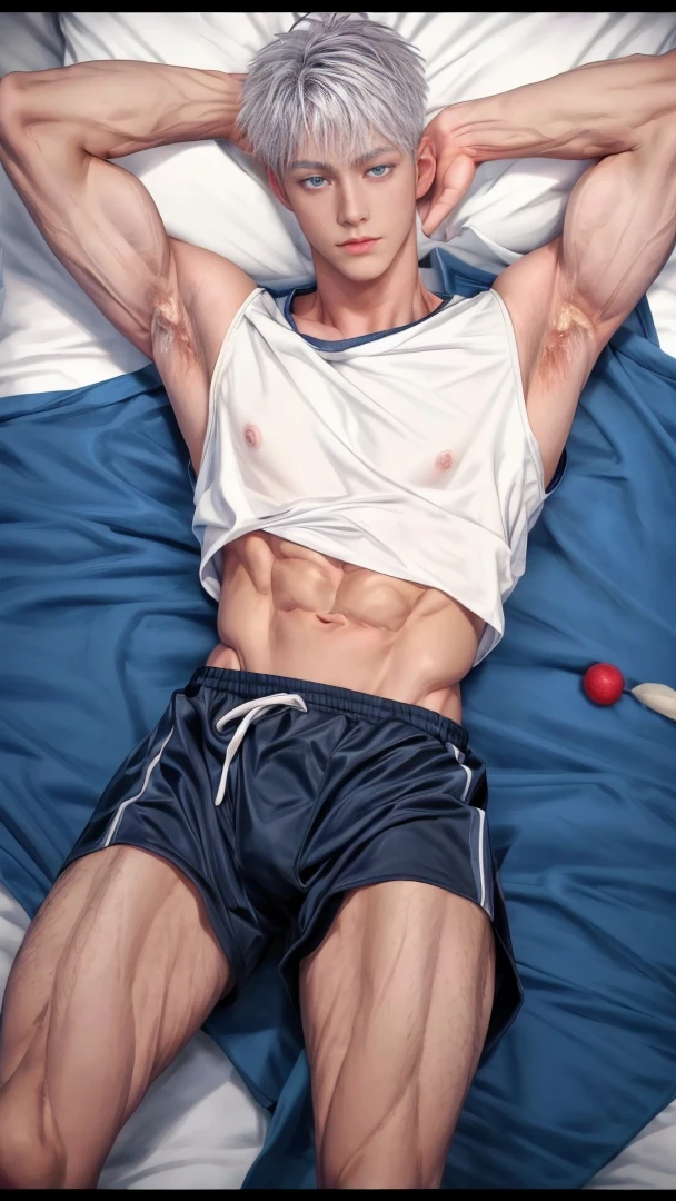 1boy, adult, handsome, perfect face, detailed eyes and face, clean shaved, muscular, capturing a rural atmosphere, dynamic lighting, unreal engine 5, hd picture, satoru gojo, white hair,  clean armpits without hair ,short hair, blue eyes, white skin, bed mattress details, basketball jersey, white eyelashes