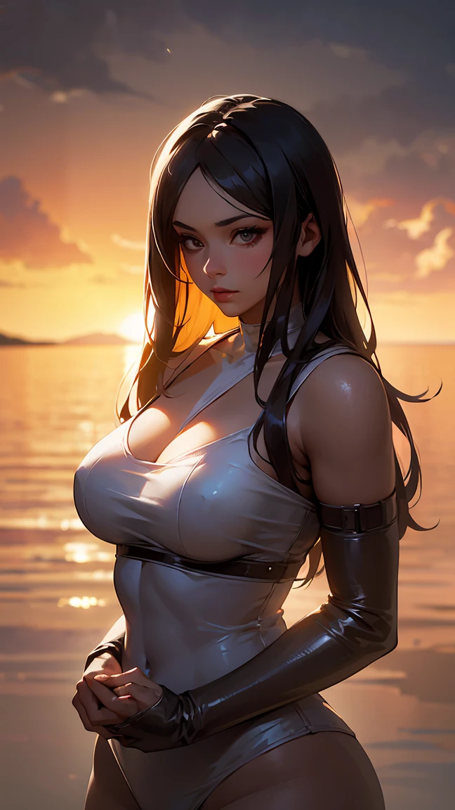 Very beautiful young woman, Subtle makeup, Golden Hour, Realistic, High Contrast, 8k hd, detailed, hyper-detailed, Realistic skin texture, Long black hair, Large Breasts, Highest quality, Ultra-high resolution, RAW Photos, Dramatic lighting, Unreal Engine, Diffused glow complex silver airbag, White Emperor&#39;s Cape, gun, sword, Rudderless