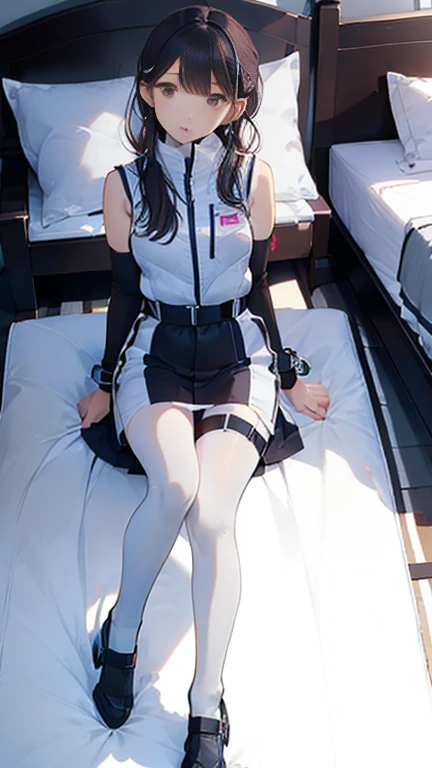 (Highest quality), (masterpiece), 1080P, High resolution, 4K, 8k, Thigh straps, Shooting from directly below, The woman on top of me, Nipples, 白いSweat, Covered , Sweat, Woman looking down, Micro Bikini, Skirt swimsuit, Thigh-high socks, To achieve this, 16 years old, Small breasts, whole body, Black leather shoes, Braided hair, Inner Color, Embarrassed face, Short black hair, bracelet, Bedroom,celestial body_Vest