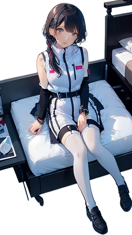 (Highest quality), (masterpiece), 1080P, High resolution, 4K, 8k, Thigh straps, Shooting from directly below, The woman on top of me, Nipples, 白いSweat, Covered , Sweat, Woman looking down, Micro Bikini, Skirt swimsuit, Thigh-high socks, To achieve this, , Small breasts, whole body, Black leather shoes, Braided hair, Inner Color, Embarrassed face, Short black hair, bracelet, Bedroom,celestial body_Vest