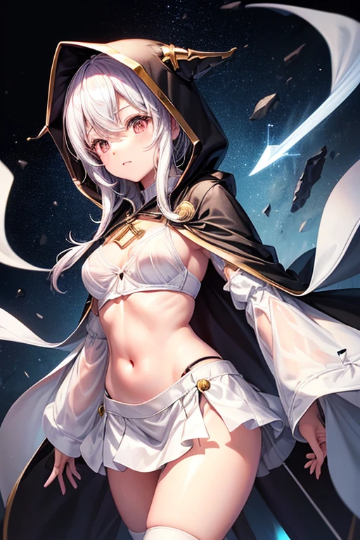 girl、Magia Records、(((Iroha Ring)))、(((hooded cloak)))、White hood、(((ピンク縁どりWhite hood)))、White cloak、(((ピンク縁どりWhite cloak)))、(((White Super Mini Skirt)))、Black Stockings、See-through black underwear、Knee-high boots、Pink Hair、Bangs、One braid、((Belly button))、See-through black belly warmer、crossbow、Gloves、No decoration、Simple design、X-shaped white bra