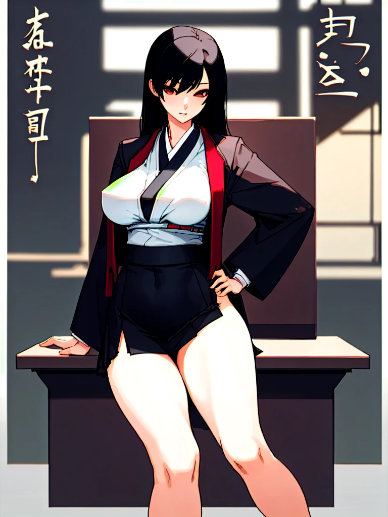Girl with tight black hair wearing a tight Japanese-style that is semi-open in the chest area and with a short skirt that reaches below the buttocks, big tits and big ass in a school background in a pose sitting on a chair