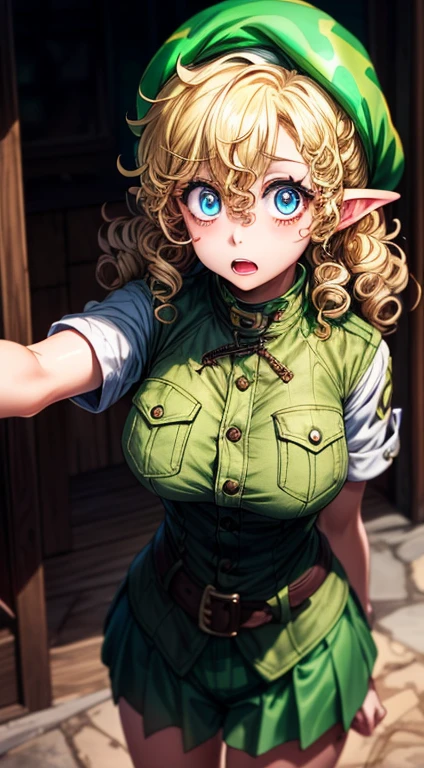 standing alone, female, 1 girl, (((Leprechaun, Leprechaun ears))),hazel eyes, (((curly hair, shorth hair, short girl, shortstack))), breasts big, gaping mouth, lipstick, The wide eyes, (((Surprised expression))), fantasy village, Brown Cover