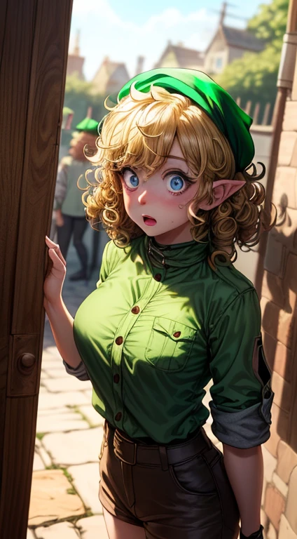 standing alone, female, 1 girl, (((Leprechaun, Leprechaun ears))),hazel eyes, (((curly hair, shorth hair, short girl, shortstack))), breasts big, gaping mouth, lipstick, The wide eyes, (((Surprised expression))), fantasy village, Brown Cover