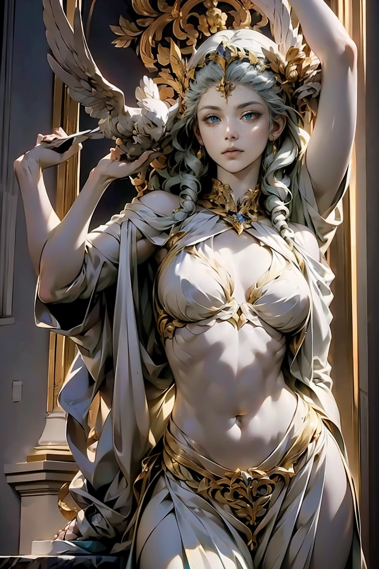 Marble Statue, Greek Goddess, Full Sculpture, laurel crown, detailed face, wearing toga, topless, beautiful breasts, well proportioned body, feminine body, floating, on pedestal, holding volleyball, dynamic pose, floral base, masterpiece, top quality, highly detailed Highly Detailed, Dramatic, Cinematic Lighting, Contrast, High Resolution, Super Realistic, Photorealistic,