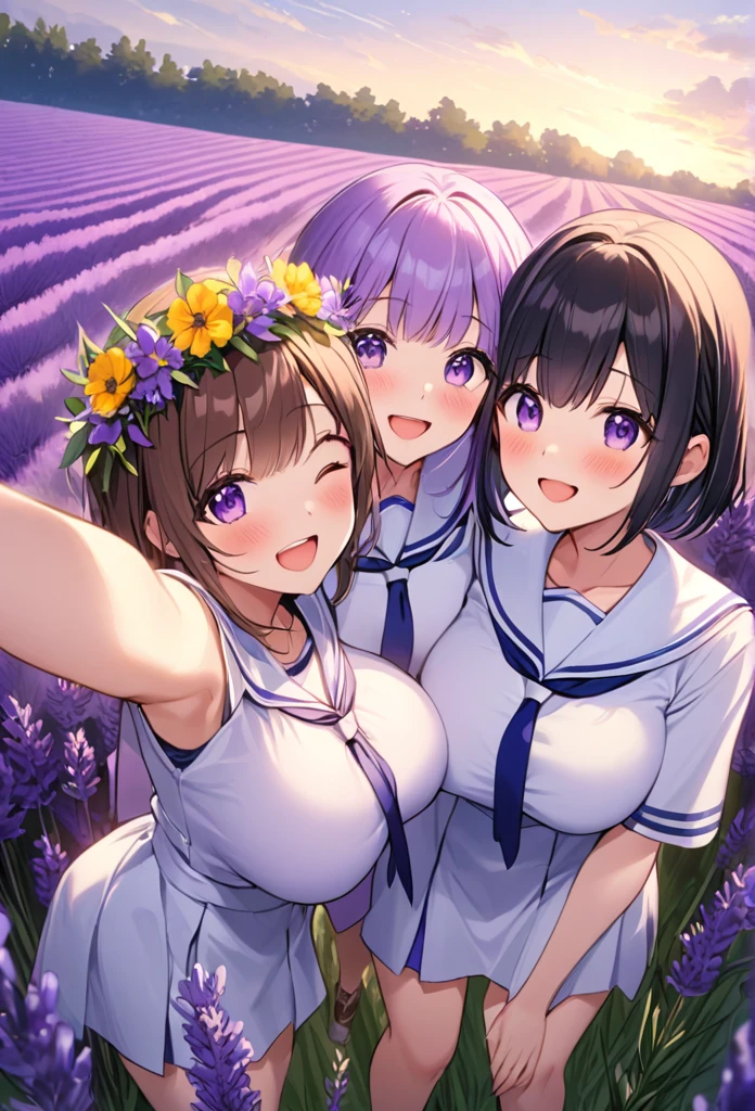 Highest quality、High resolution、Detailed Background、Beautiful face in every detail、Detailed eyes、age beauty、Highly detailed face、Huge breasts、Perfect body line、Brown Hair、Black Hair、Braided bob cut、Braided Ponytail、cute hairstyle、Cute gestures、Natural beauty、Fun atmosphere、White Sailor One Piece、JK Uniform、(Three girls taking a selfie with a vast lavender field in the background:1.5)、
Purple Flower々The girls are smiling happily surrounded by、They have fun collecting lavender flowers to make flower crowns and bouquets to give to their families.、Among the lavender swaying in the gentle breeze、They take photos of each other while enjoying the scent of flowers.、The girls were engrossed in playing in the fairy-tale-like lavender fields.、I can tell that they are really enjoying themselves.、A bright scene that captures the joy of playing to your heart's content in nature and spending time with friends.、cute , tied up , hands tied together back , otm gag