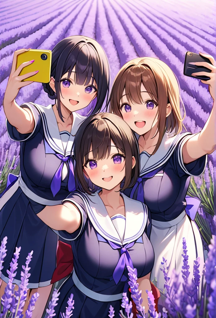 Highest quality、High resolution、Detailed Background、Beautiful face in every detail、Detailed eyes、Teenage beauty、Highly detailed face、Huge breasts、Perfect body line、Brown Hair、Black Hair、Braided bob cut、Braided Ponytail、cute hairstyle、Cute gestures、Natural beauty、Fun atmosphere、White Sailor One Piece、JK Uniform、(Three girls taking a selfie with a vast lavender field in the background:1.5)、
Purple Flower々The girls are smiling happily surrounded by、They have fun collecting lavender flowers to make flower crowns and bouquets to give to their families.、Among the lavender swaying in the gentle breeze、They take photos of each other while enjoying the scent of flowers.、The girls were engrossed in playing in the fairy-tale-like lavender fields.、I can tell that they are really enjoying themselves.、A bright scene that captures the joy of playing to your heart's content in nature and spending time with friends.、cute , tied up , hands tied together back , otm gag