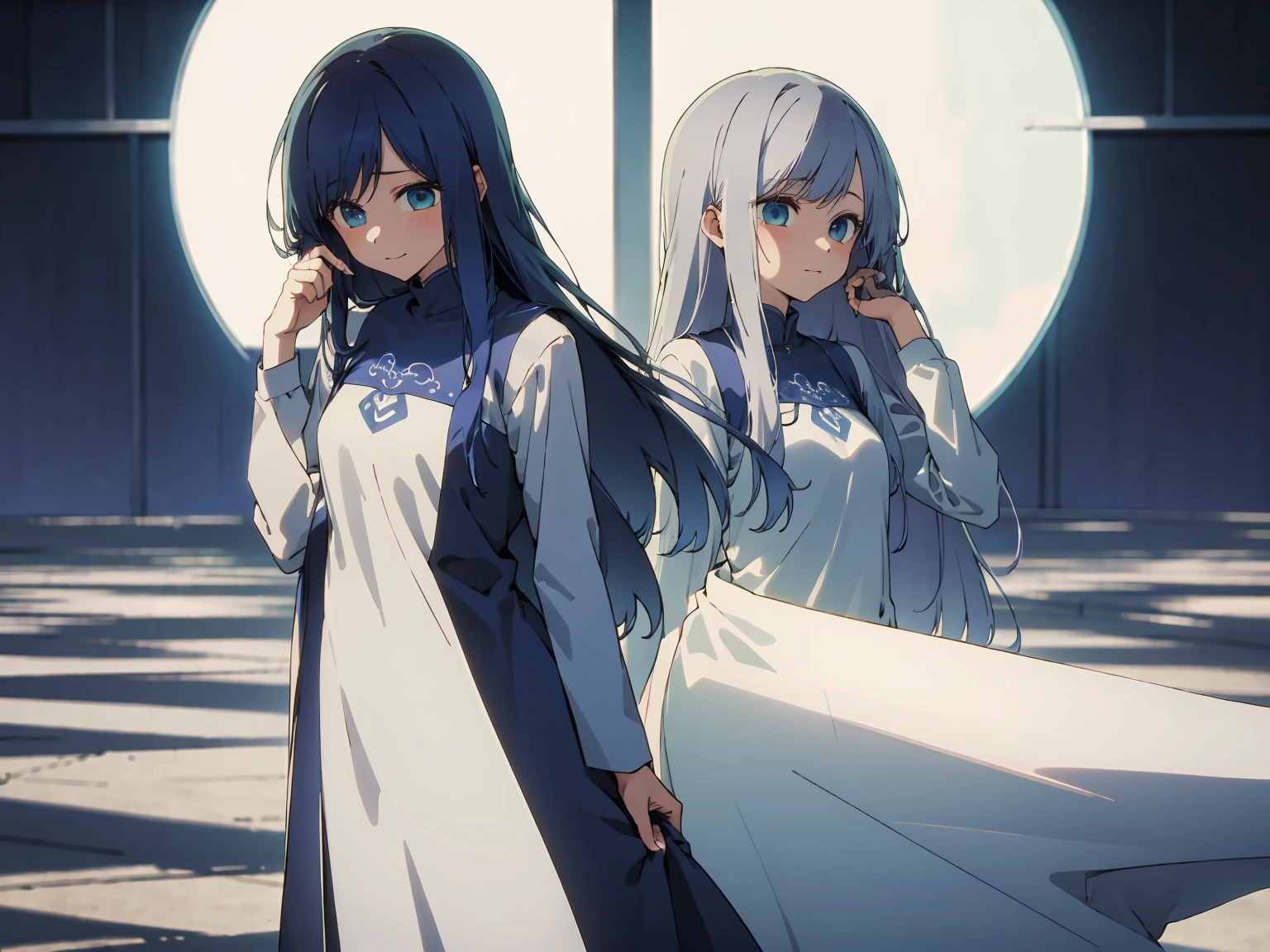 (best quality, highres, masterpiece : 1.4), (flatten art : 0.8), masterpiece, (best quality), 1girl, anime, (long dark blue hair with white hair on tip, very long sidebang), fair skin, deep blue eyes, medium sized breast, white ao dai, standing, wiping her own hair, sad smile, (detailed face), (night), reminiscing, bittersweet moment, eyes to the viewer, low light (almost monochrome), full body