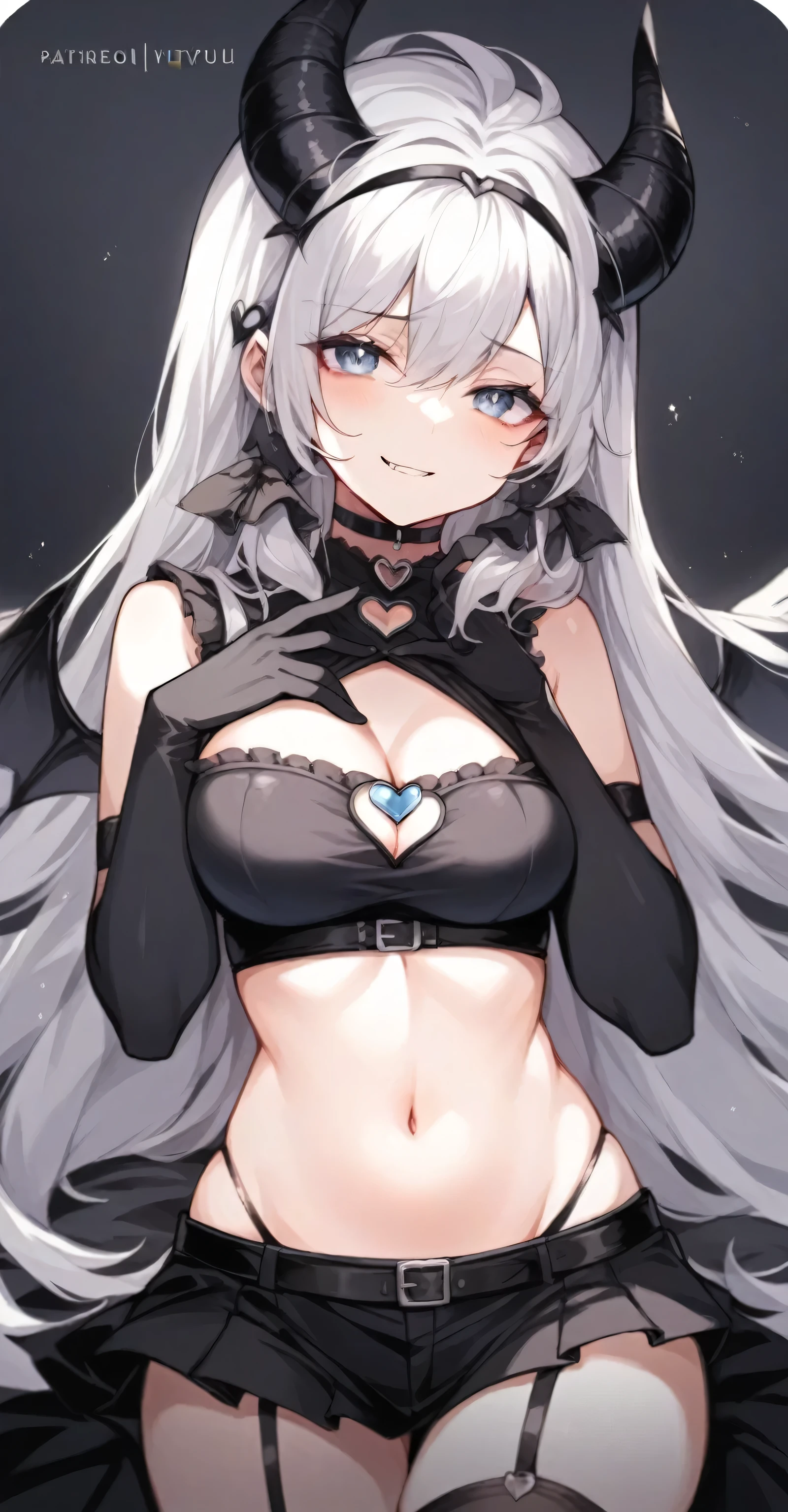 A beautiful anime-style female character with long silver hair.、She is wearing a black outfit with a heart cutout on her chest.。 Black Horn、Black choker with a heart pendant、Wearing black gloves。 The outfit is a short skirt and thigh-high stockings.。 Eyes are blue、With a mischievous look、Winking。 It has small bat wings on its back。