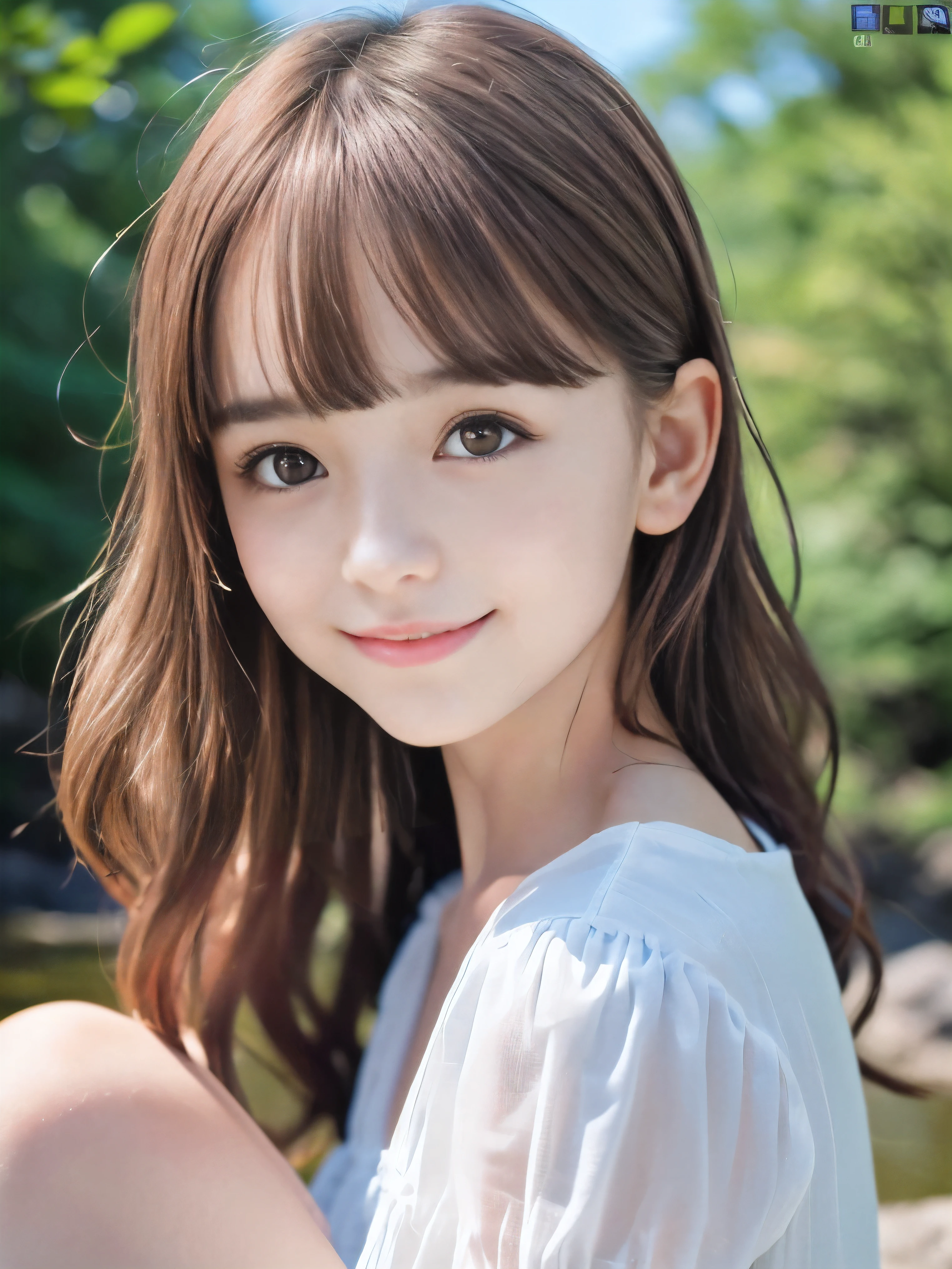 (Close up portrait of slender small-breasted red brown wavy long hair with dull bangs girl wearing a white summer dress:1.5)、(One girl is playing with shy smile in the clear stream and water fall at the forest in Japan:1.5)、(Summer beautiful blue sky and forest:1.5)、(blurred background:1.5)、(8k ultra detailed master piece:1.5)、(perfect anatomy:1.5)、(Photorealistic stick:1.5)、(Raw photo:1.3)、(highest quality:1.5)、(High resolution:1.3)、(Delicate and beautiful perfect face:1.3)、(Delicate and beautiful eye air skin:1.3)、(Real Human Skin:1.3)、((thin legs))