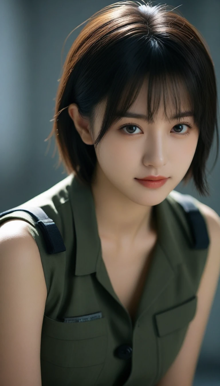 8k, Ultra-high resolution, Highest quality, masterpiece, 三分割法によるphotograph,Surreal, photograph, 1 Girl, (:1.3), pretty girl, Cute Face, Beautiful eyes in every detail, 細かくdetailedに,masterpiece,One Girl:1.2,Japanese female officer,full body,light smile,Black short hair,Bob with bangs,The World of Metal Gear Solid,Pencil Skirt,(印象派の美しい少女のPortraiture),(Impressionist light and colour), (next generation special forces:1.3),(Warrior,Camouflage,Beautiful dark eyes, So cute and beautiful,16 years old0.8),Sharp contours,Looking down, (High-tech special forces), ((Nuclear aircraft carrier)),indoor, Light from above, Low contrast, (Side view),, Perfect and beautiful face ,完璧でCute Face, Skin with attention to detail, Perfect limbs、Narrow waist,Looking at the audience,(((Ideal body type))),A cup small breasts :2,Portraiture:2,Perfect Anatomy,鮮明なdetailed,detailed,Surreal,Light and shadow,glowing