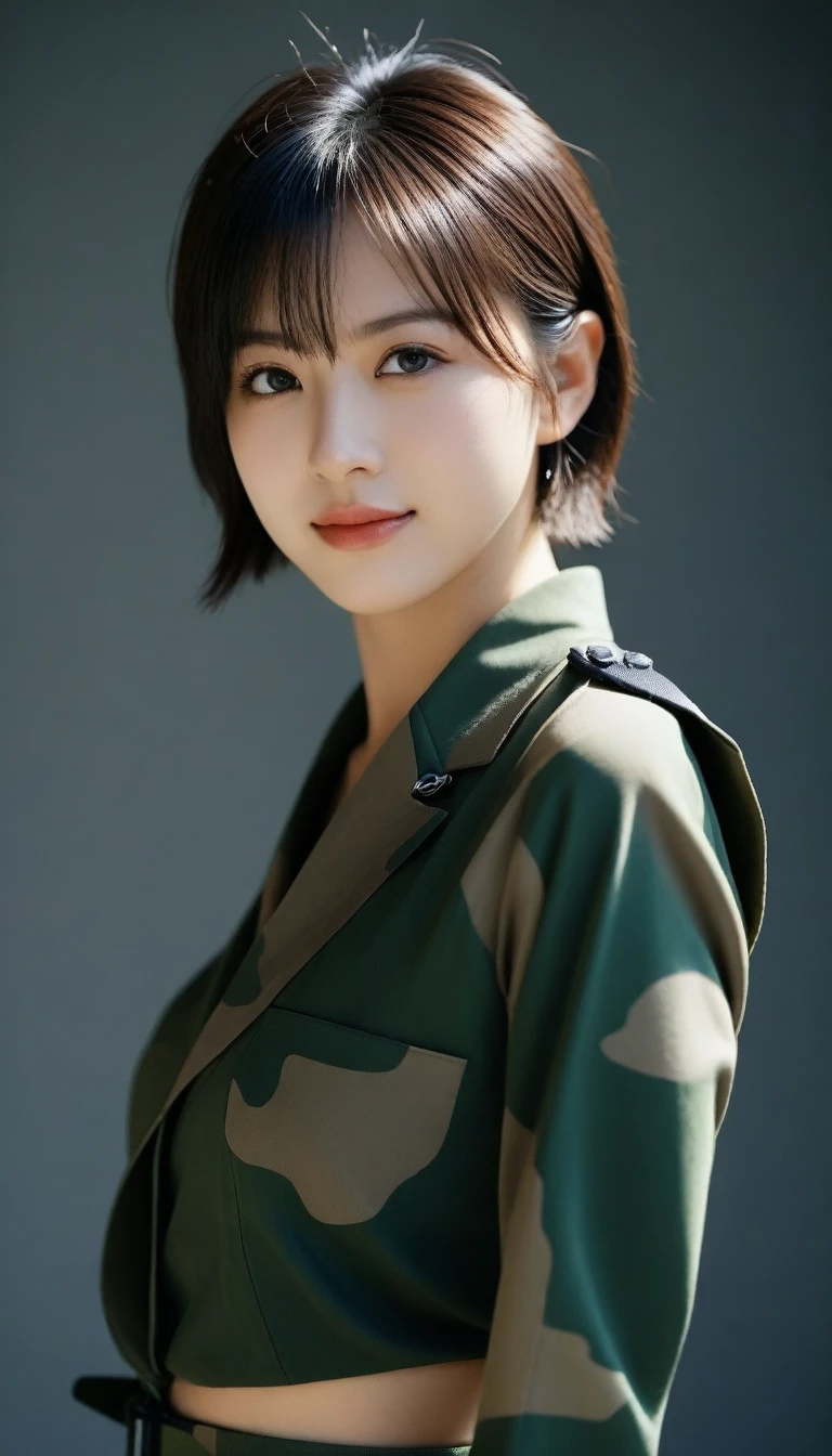 8k, Ultra-high resolution, Highest quality, masterpiece, 三分割法によるphotograph,Surreal, photograph, 1 Girl, (16 years old:1.3), pretty girl, Cute Face, Beautiful eyes in every detail, 細かくdetailedに,masterpiece,One Girl:1.2,Japanese female officer,full body,light smile,Black short hair,Bob with bangs,The World of Metal Gear Solid,Pencil Skirt,(印象派の美しい少女のPortraiture),(Impressionist light and colour), (next generation special forces:1.3),(Warrior,Camouflage,Beautiful dark eyes, So cute and beautiful,16 years old, ), (smile:0.8),Sharp contours,Looking down, (High-tech special forces), ((Nuclear aircraft carrier)),indoor, Light from above, Low contrast, (Side view),, Perfect and beautiful face ,完璧でCute Face, Skin with attention to detail, Perfect limbs、Narrow waist,Looking at the audience,(((Ideal body type))),A cup small breasts :2,Portraiture:2,Perfect Anatomy,鮮明なdetailed,detailed,Surreal,Light and shadow,glowing