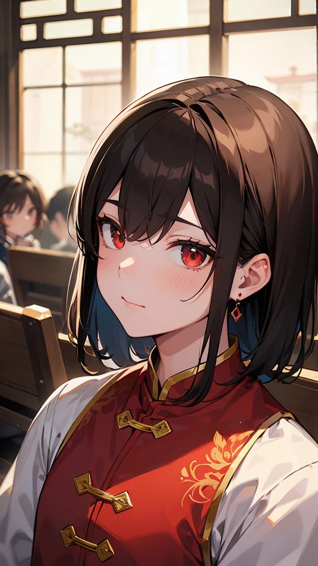 Chongyue, 1人のmaleの子, 前hair, brown_hair, Chinese_Clothes, close, Closed_mouth, red earrings, Looking_in_Audience, male_concentrated,red_eye, 一人in
