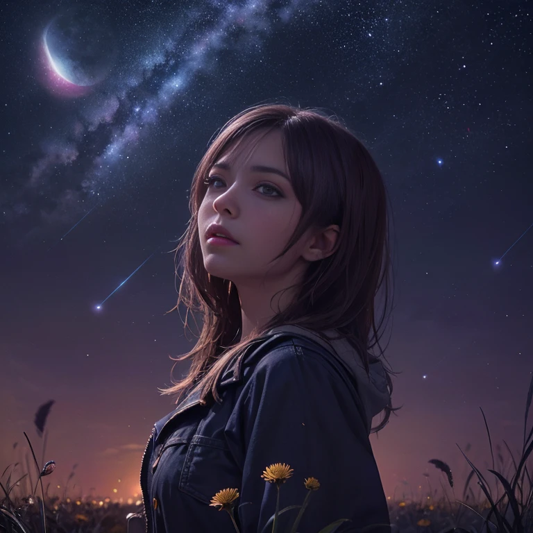 (absurd, cinematographic, NffSW, high, ultra detailed, ultra detailed), Woman looking at the sky, Closeup of upper body, dark purple sky, Nebulae in the sky, The last five in heaven, big moon in the sky, Shooting Stars, dandelion field, we, oil painting, dandelion field detallado, Detailed sky, Sunset, unreal engine 4k wallpaper