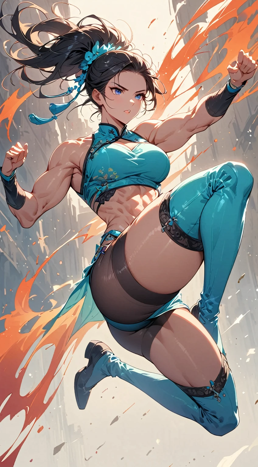 beautiful  muscular woman and doing a jumping kick, six pack, no men in background , Chinese dress crop top,  and leggings  and thigh high boots, full body portrait