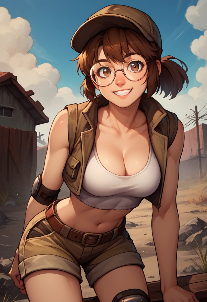 score_9, score_8_up, score_7_up, source_anime, fiogermi,fio germi, brown hair, glasses, medium hair, ponytail, brown eyes, crop top, hat, jacket, knee pads, shorts, sleeveless, navel, belt, outdoors, wasteland, bent over, smile, cleavage, looking at viewer, cowboy shot, dutch angle, solo,