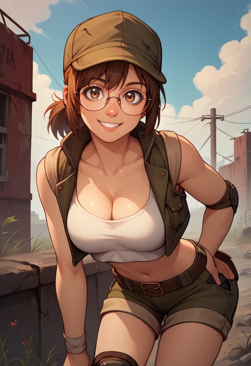 score_9, score_8_up, score_7_up, source_anime, fiogermi,fio germi, brown hair, glasses, medium hair, ponytail, brown eyes, crop top, hat, jacket, knee pads, shorts, sleeveless, navel, belt, outdoors, wasteland, bent over, smile, cleavage, looking at viewer, cowboy shot, dutch angle, solo,