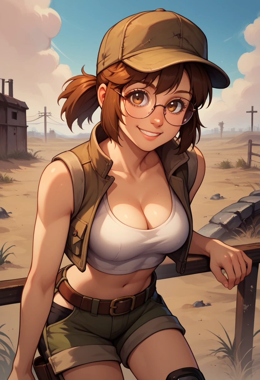 score_9, score_8_up, score_7_up, source_anime, fiogermi,fio germi, brown hair, glasses, medium hair, ponytail, brown eyes, crop top, hat, jacket, knee pads, shorts, sleeveless, navel, belt, outdoors, wasteland, bent over, smile, cleavage, looking at viewer, cowboy shot, dutch angle, solo,