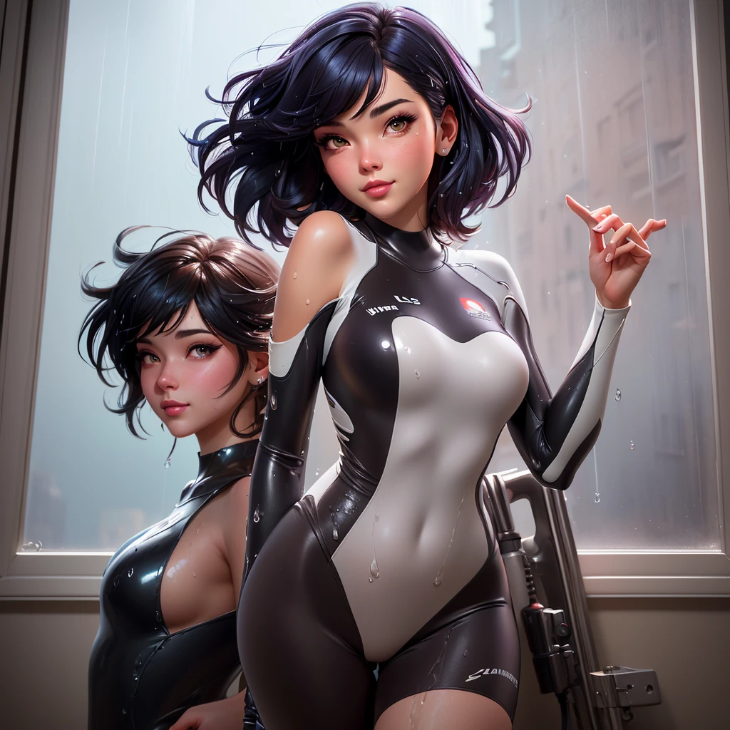 a close up of a woman in a wetsuit posing in front of a window, ilya kuvshinov. 4 k, alena aenami and artgerm, lois van rossdraws, rossdraws 1. 0, wet from rain, :: rossdraws, sexy girl, ross tran 8 k, artwork in the style of guweiz, wet shiny skin
