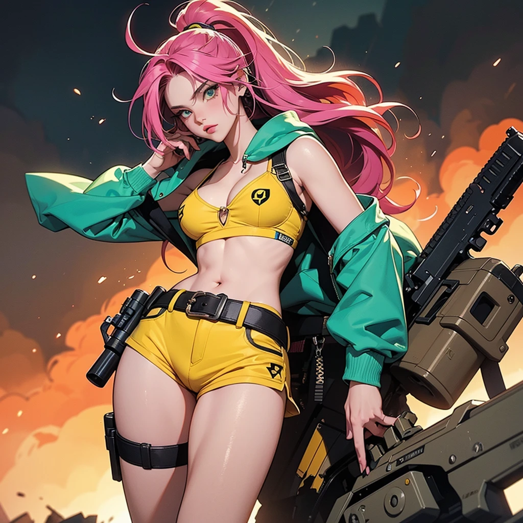 prompt: |
  A highly detailed and dynamic illustration of a Tank Girl-like character in a post-apocalyptic setting. The character is wearing a yellow Pikachu-inspired hoodie, with a target-patterned bikini top, pink shorts, and mismatched socks. She is carrying a large gun and a revolver, with grenades attached to her belt. Her hair is vibrant green and she has a confident, rebellious expression. The background features a dramatic fiery landscape with smoke and embers, creating an intense atmosphere. The overall style should be reminiscent of comic book art with bold lines, vibrant colors, and a gritty, energetic aesthetic.

