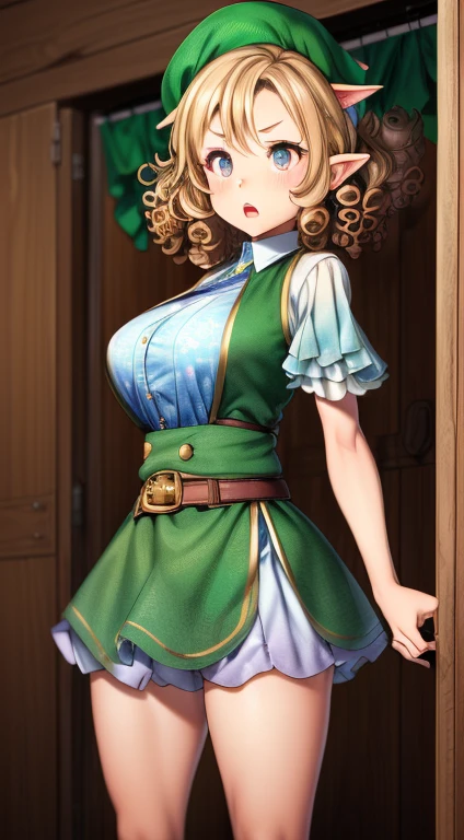 standing alone, female, 1 girl, (((Leprechaun, Leprechaun ears))),hazel eyes, (((curly hair, shorth hair, short girl, shortstack))), breasts big, gaping mouth, lipstick, The wide eyes, (((Surprised expression))), fantasy village, Brown Cover