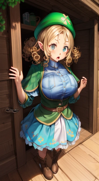 standing alone, female, 1 girl, (((Leprechaun, Leprechaun ears))),hazel eyes, (((curly hair, shorth hair, short girl, shortstack))), breasts big, gaping mouth, lipstick, The wide eyes, (((Surprised expression))), fantasy village, Brown Cover