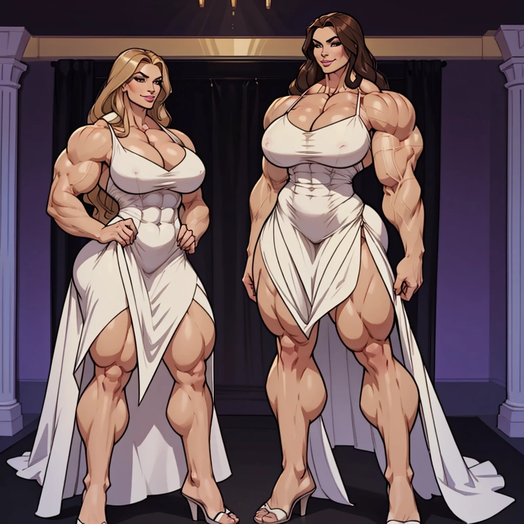 Full body view, 7 ft tall female bodybuilder stands next to average untrained woman. Perfect and flawless muscle definition. ultra massive bulging musculature, No body fat. She wears elegant evening dress. Feminine friendly face, soft smile, pale skin, long wavy brunette hair