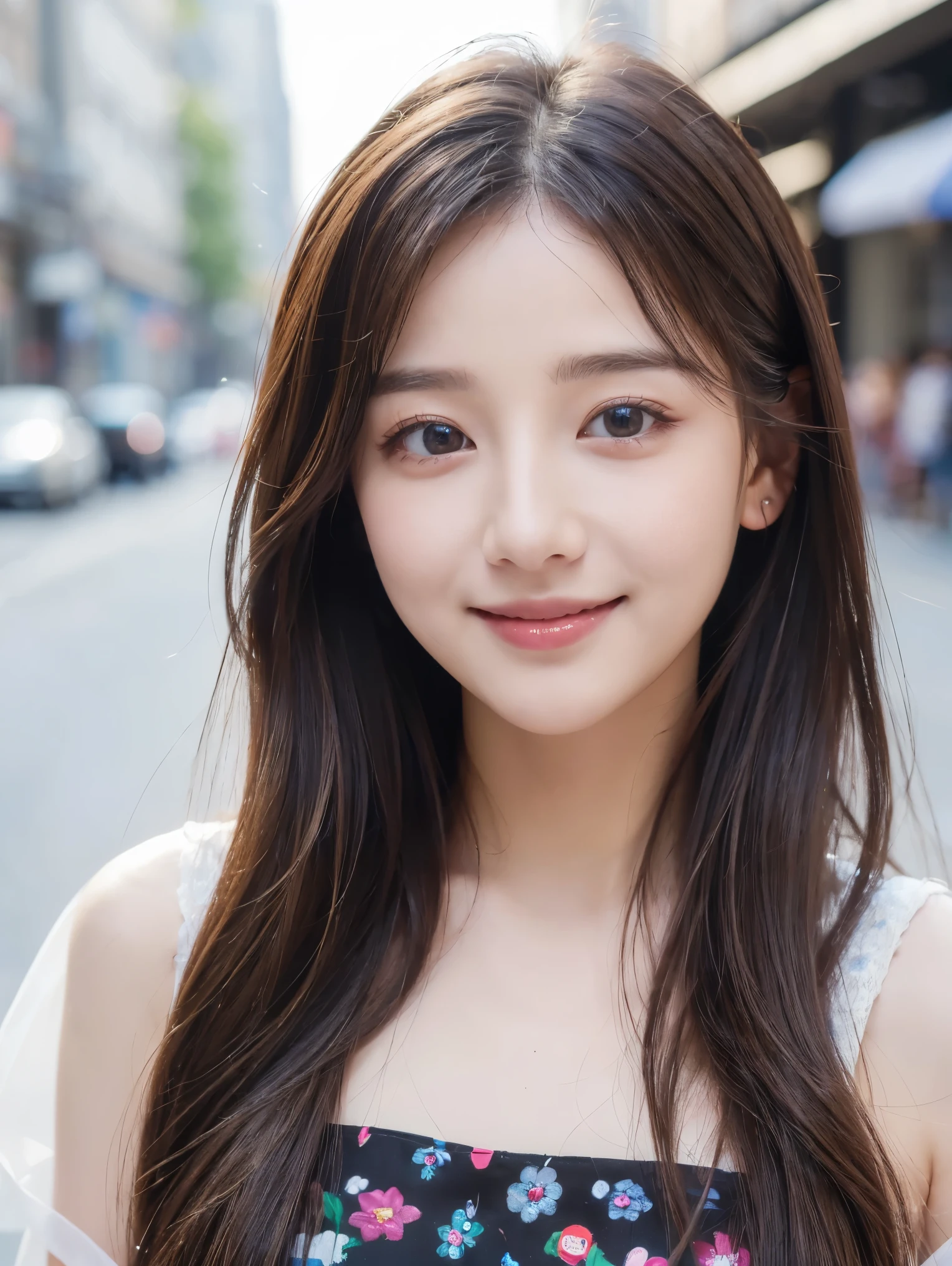 ((Highest quality、8k、masterpiece:1.4))、1 girl、smile、whole body、Small face、Beautiful woman、(Dark brown long hair)、Colorful short dresses:1.2、Ultra detailed face、Delicate eyes、double eyelid、Blurred Background、Small face、City、external、street、Random body orientation、
