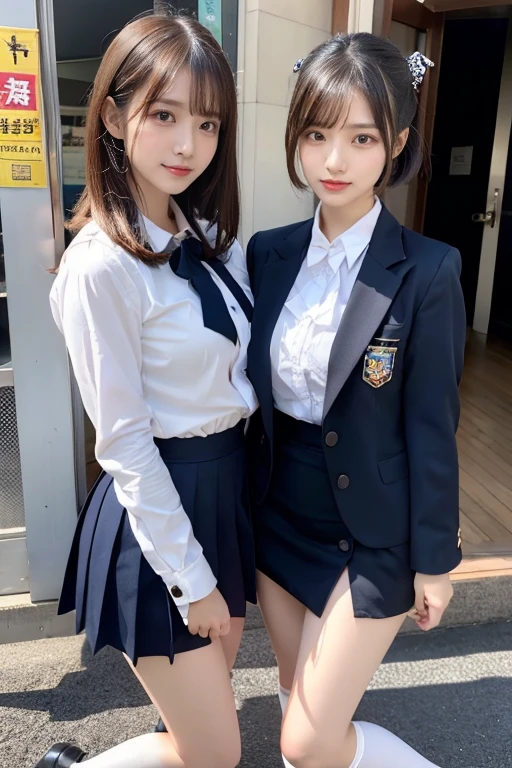 (8k, RAW Photos, Highest quality, masterpiece:1.2), Masterpiece, Highest quality, figure, Very detailed, The finer details, High resolution, 8k,wallpaper, Perfect dynamic composition,(Detailed high quality, Realistic depiction of eyes:1.3), ((2 girls, 2 high school girls)), uniform、blazer 、Super Short Check Uniform Skirt、Navy blue knee-high socks 、Disheveled uniform, Play with each other,Touching each other's bodies,Touching the body of the girl next door, Short Bob Hair, Brown hair color, Huge breasts、E Cup, Big Natural Color Lip, Bold sexy pose, (Perfect figure), Crying a little、Cold Stare, Harajuku Style、Beautiful Makeup,Glitter makeup,The cutest 18 year old、 Beautiful feet, Gravure idol pose, Voluptuous thighs