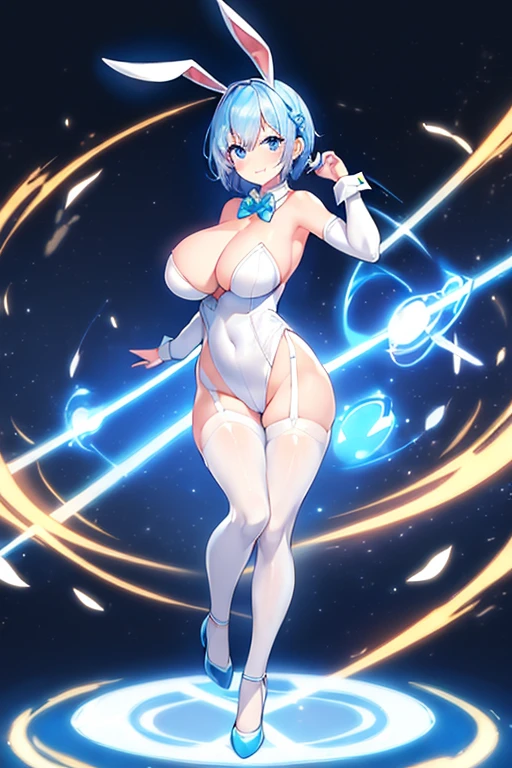 1girl, full body, rabbit ears, bunny ears, light skin, white skin, white bunnysuit, blue trim, bunnysuit, pantyhose, machinery, futurustic, science-fiction, neon trim, tech, large breasts, hourglass figure, blue hair, very short hair, blue eyes, smile, high heels, standing, ((full body))