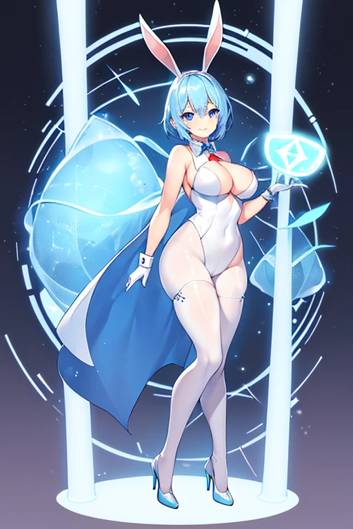 1girl, full body, rabbit ears, bunny ears, light skin, white skin, white bunnysuit, blue trim, bunnysuit, pantyhose, machinery, futurustic, science-fiction, neon trim, tech, large breasts, hourglass figure, blue hair, very short hair, blue eyes, smile, high heels, standing, ((full body))