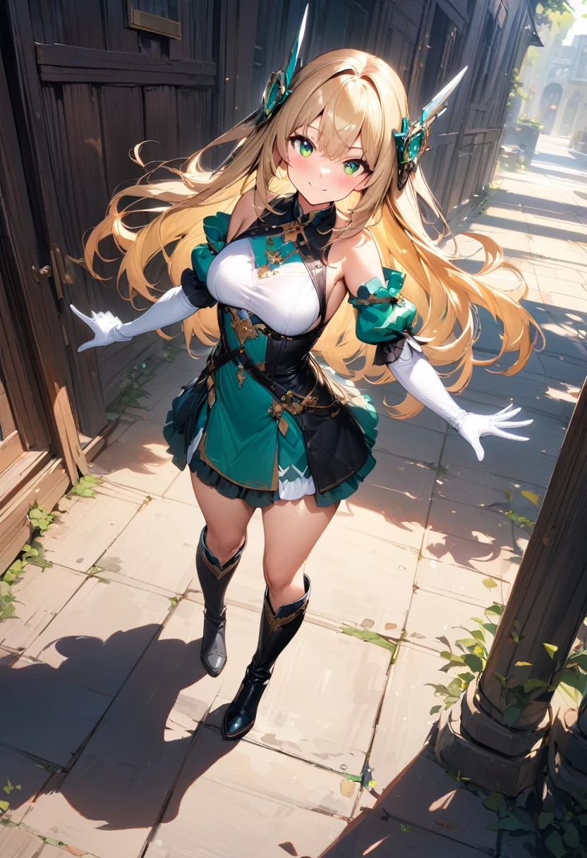 (masterpiece),(best quality),(ultra-detailed),(best illustration),(best shadow),(absurdres),(detailed background),(very aesthetic), 1girl, green-eyes, solo, gloves, blonde-hair, ((long-hair)), white-gloves, looking-at-viewer, full-body, simple-background, boots, dress, breasts, smile, standing, hair-ornament, closed-mouth, bangs, outstretched-arms, knee-boots, medium-breasts, bare-shoulders, detached-sleeves, ribbon, headgear, blush, sleeveless, elbow-gloves, skirt